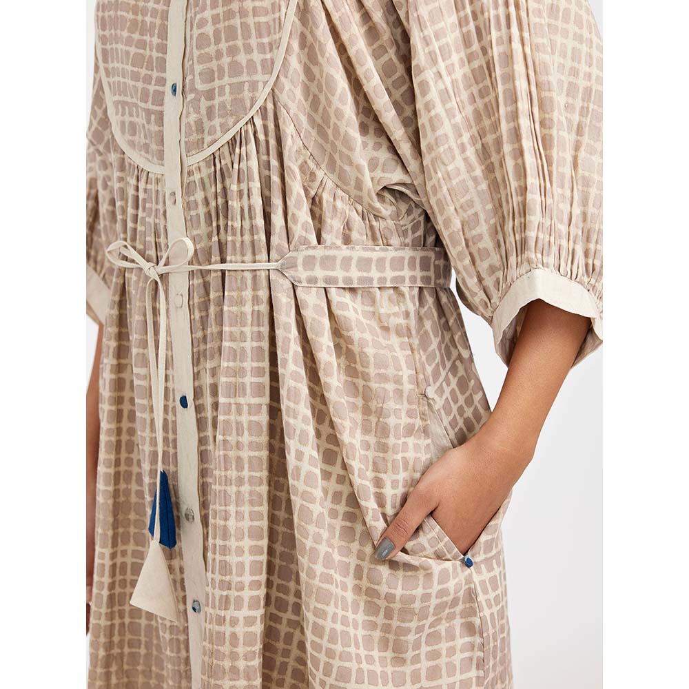 JAYATI GOENKA Beige Block Printed Checkered Midi Dress (Set of 2)