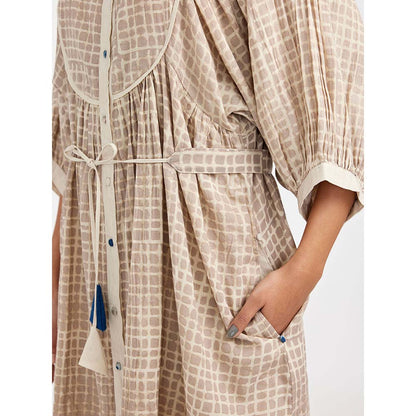 JAYATI GOENKA Beige Block Printed Checkered Midi Dress (Set of 2)