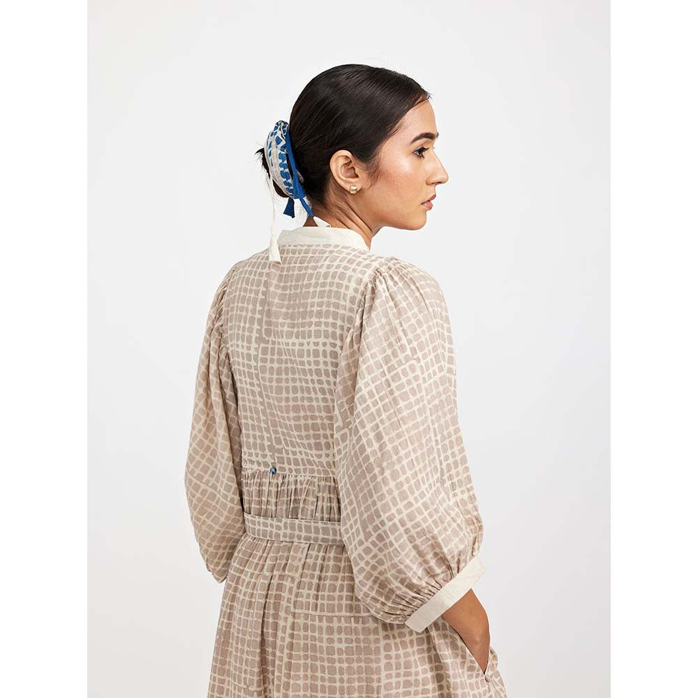 JAYATI GOENKA Beige Block Printed Checkered Midi Dress (Set of 2)