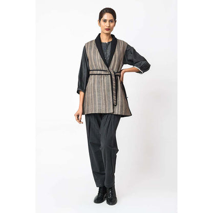 JAYATI GOENKA Stripes Chairo Jacket with Belt (Set of 2)