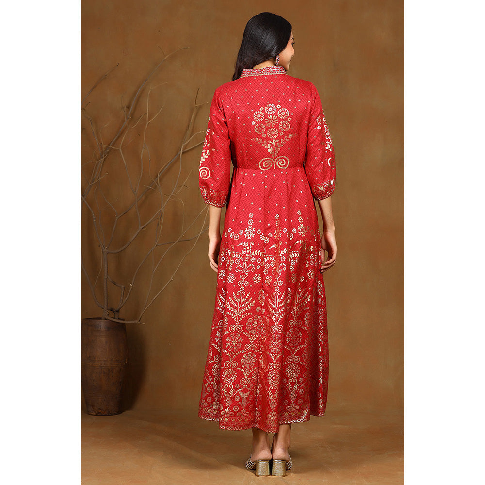 Juniper Maroon Ethnic Motif Printed Rayon Anarkali Dress.