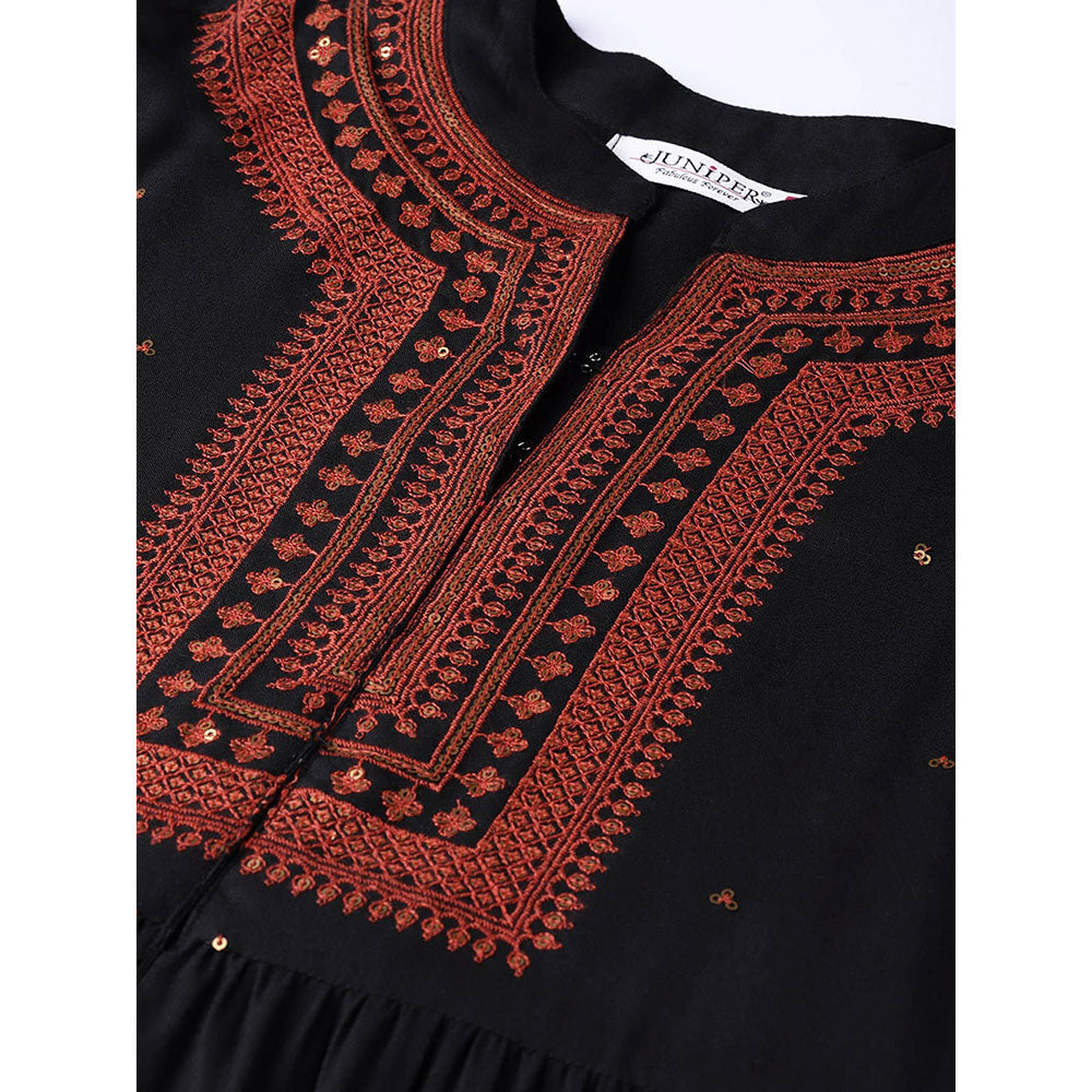 Juniper Black Thread Embroidered Rayon High Slit Kurta & Pants Set