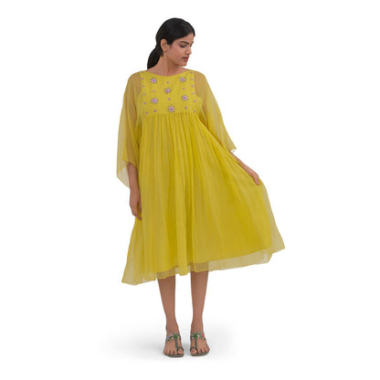 Journal By Pranay Yellow Gathered Floral Print Midi Dress