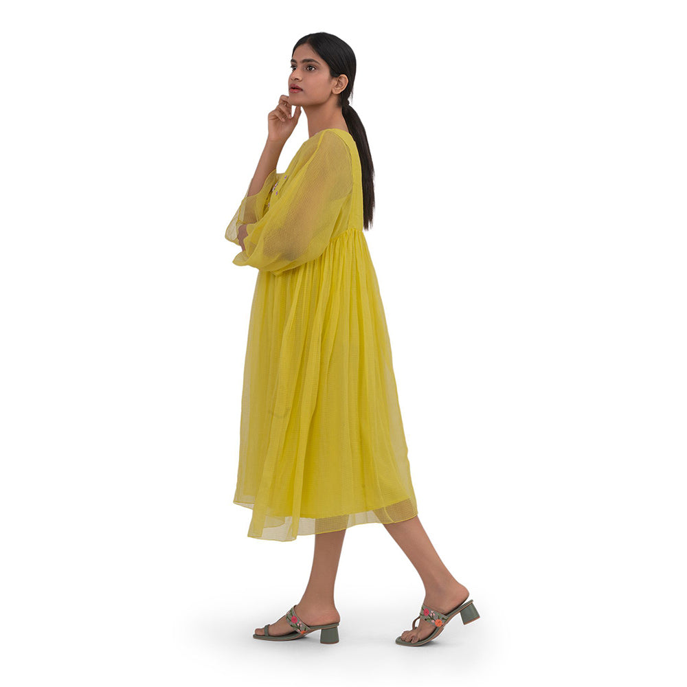 Journal By Pranay Yellow Gathered Floral Print Midi Dress