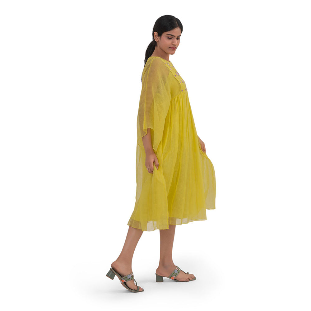 Journal By Pranay Yellow Gathered Floral Print Midi Dress