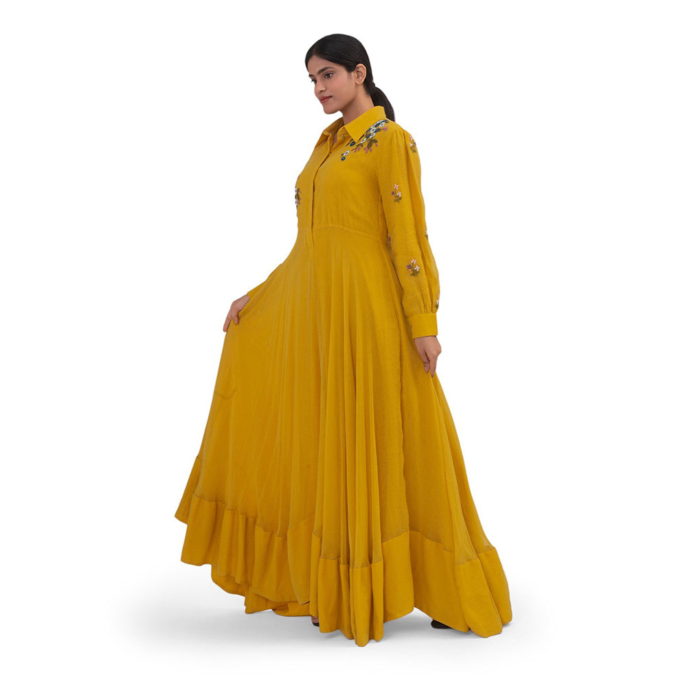 Journal By Pranay Mustard Yellow Embroidered Maxi Dress