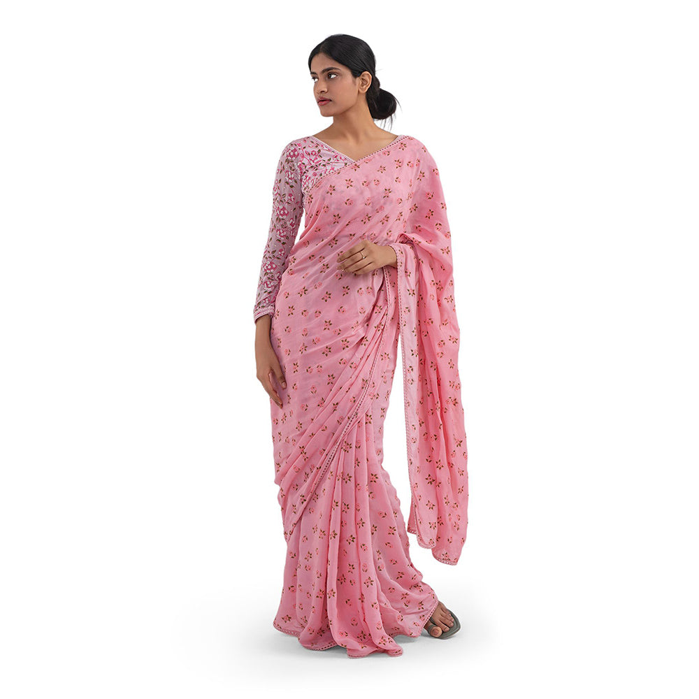 Journal By Pranay Pastel Pink Floral Muslin Silk Saree With Stitched Blouse