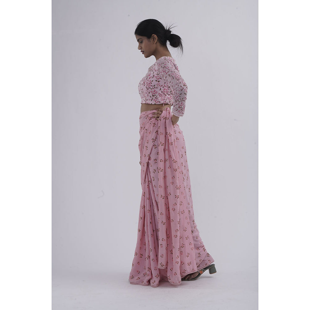 Journal By Pranay Pastel Pink Floral Muslin Silk Saree With Stitched Blouse