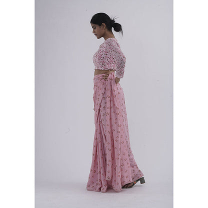 Journal By Pranay Pastel Pink Floral Muslin Silk Saree With Stitched Blouse