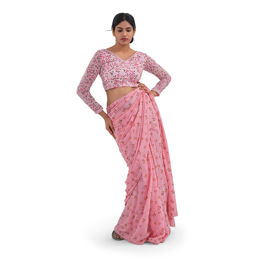 Journal By Pranay Pastel Pink Floral Muslin Silk Saree With Stitched Blouse