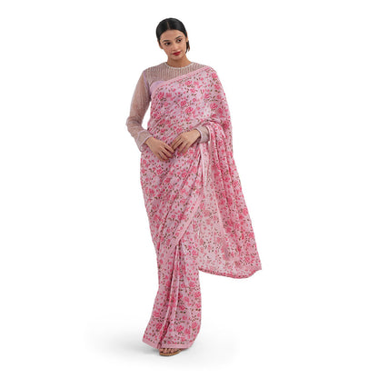 Journal By Pranay Pastel Pink Floral Saree With Stitched Blouse