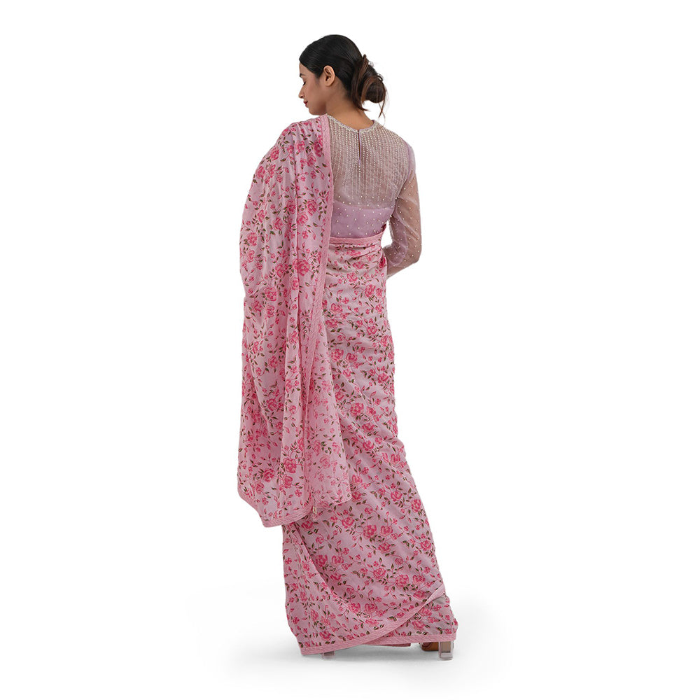 Journal By Pranay Pastel Pink Floral Saree With Stitched Blouse
