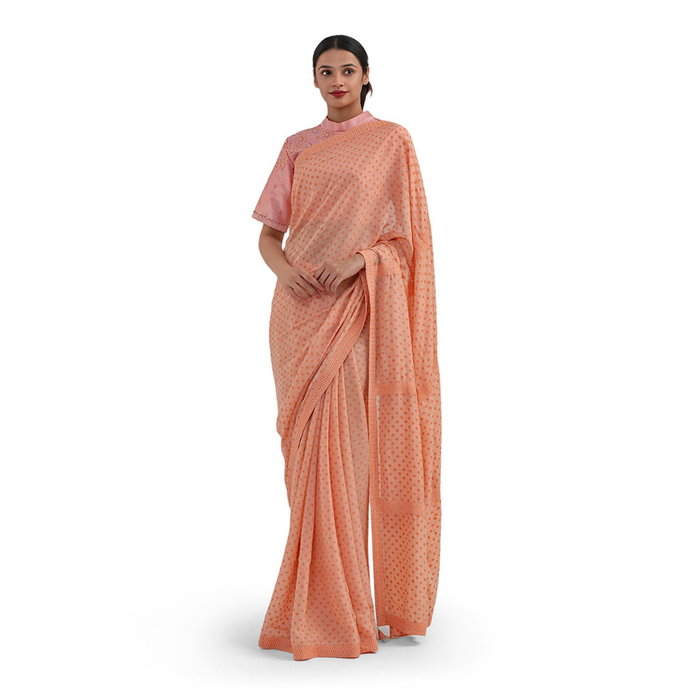 Journal By Pranay Peach Polka Muslin Silk Saree With Stitched Blouse