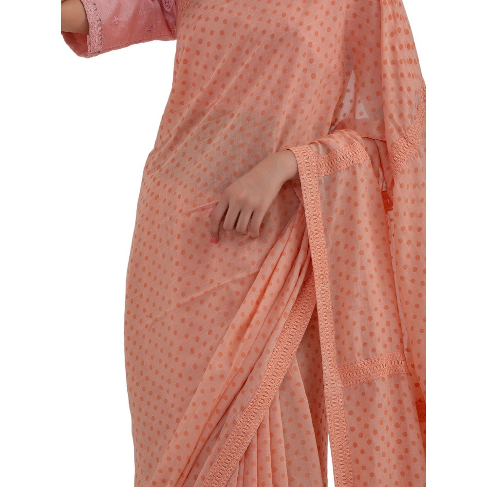 Journal By Pranay Peach Polka Muslin Silk Saree With Stitched Blouse