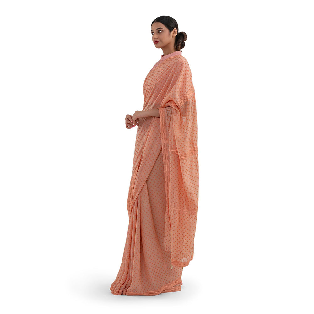 Journal By Pranay Peach Polka Muslin Silk Saree With Stitched Blouse