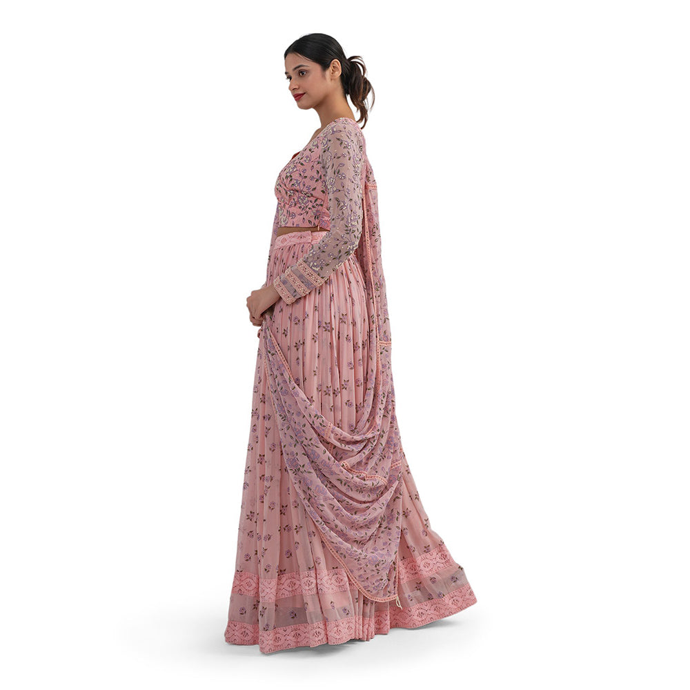 Journal By Pranay Pink Floral Lehenga With Choli & Dupatta (Set of 3)
