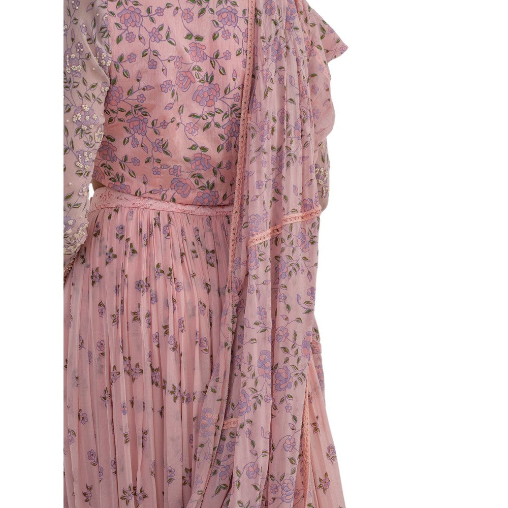 Journal By Pranay Pink Floral Lehenga With Choli & Dupatta (Set of 3)