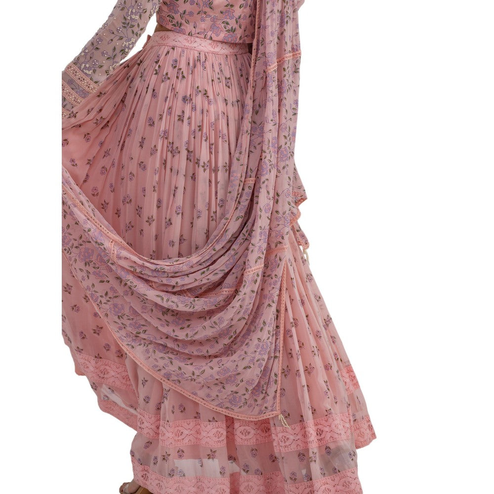 Journal By Pranay Pink Floral Lehenga With Choli & Dupatta (Set of 3)