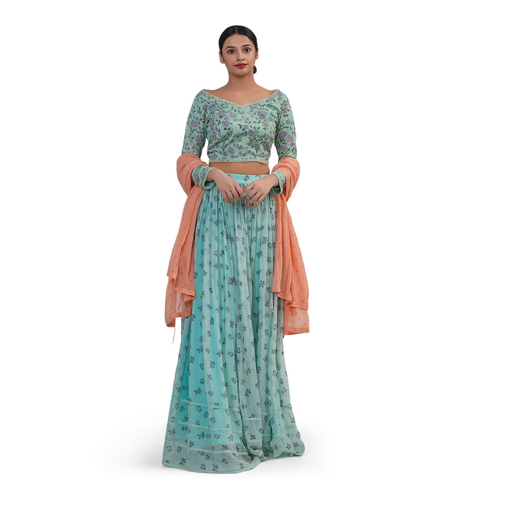 Journal By Pranay Sea Green Printed Gathered Lehenga With Choli & Dupatta (Set of 3)