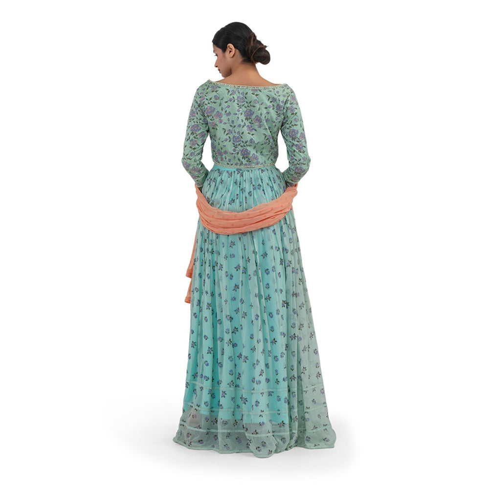 Journal By Pranay Sea Green Printed Gathered Lehenga With Choli & Dupatta (Set of 3)