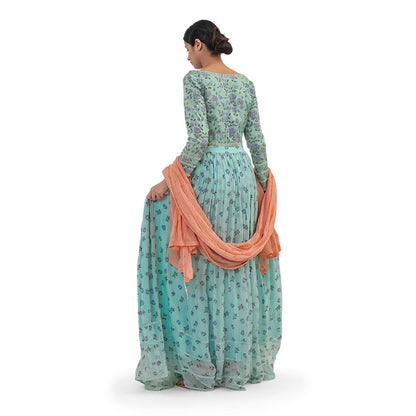 Journal By Pranay Sea Green Printed Gathered Lehenga With Choli & Dupatta (Set of 3)