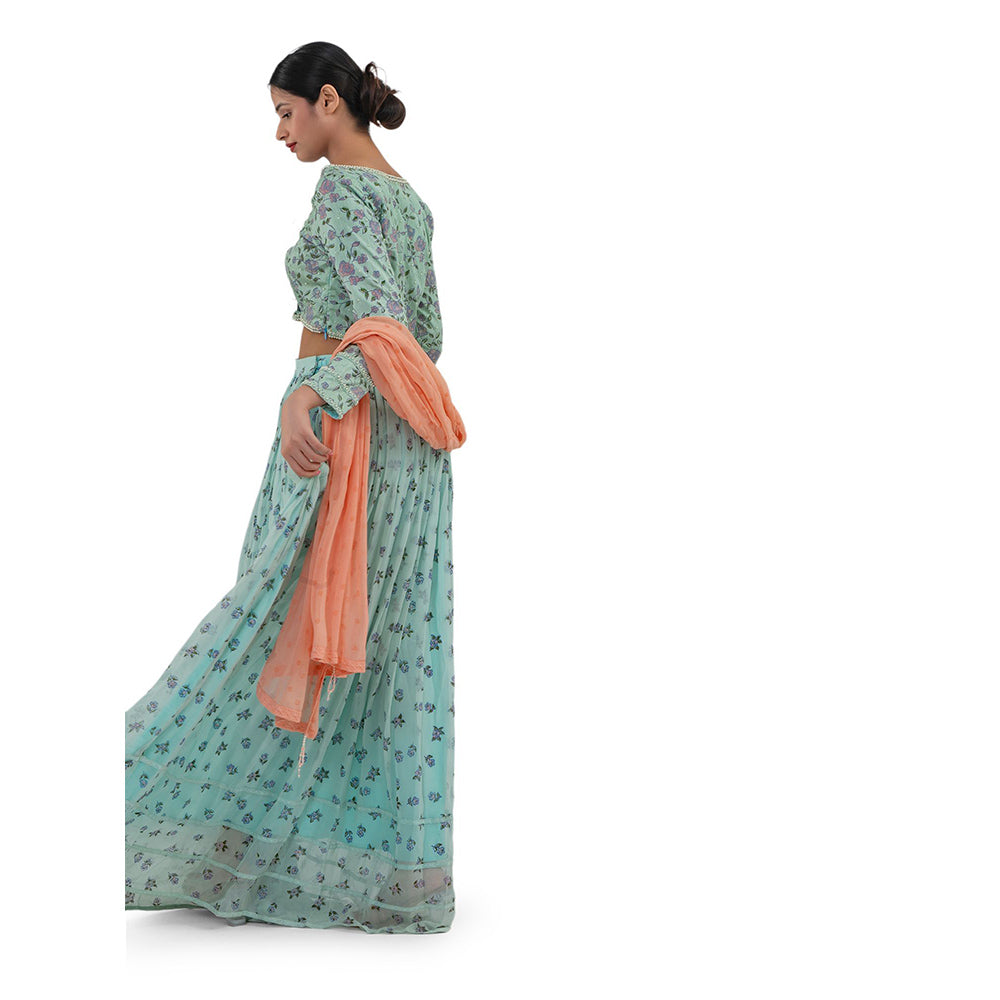 Journal By Pranay Sea Green Printed Gathered Lehenga With Choli & Dupatta (Set of 3)
