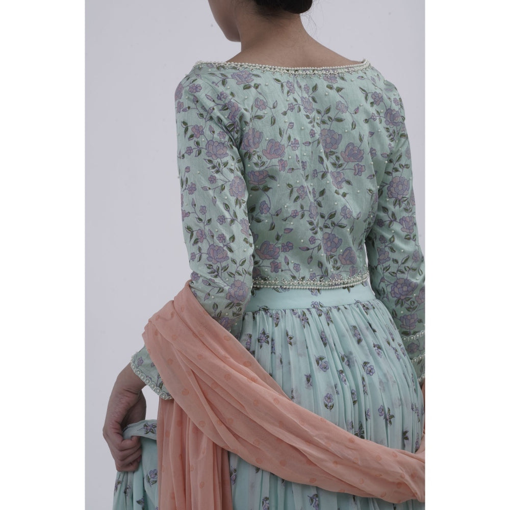 Journal By Pranay Sea Green Printed Gathered Lehenga With Choli & Dupatta (Set of 3)