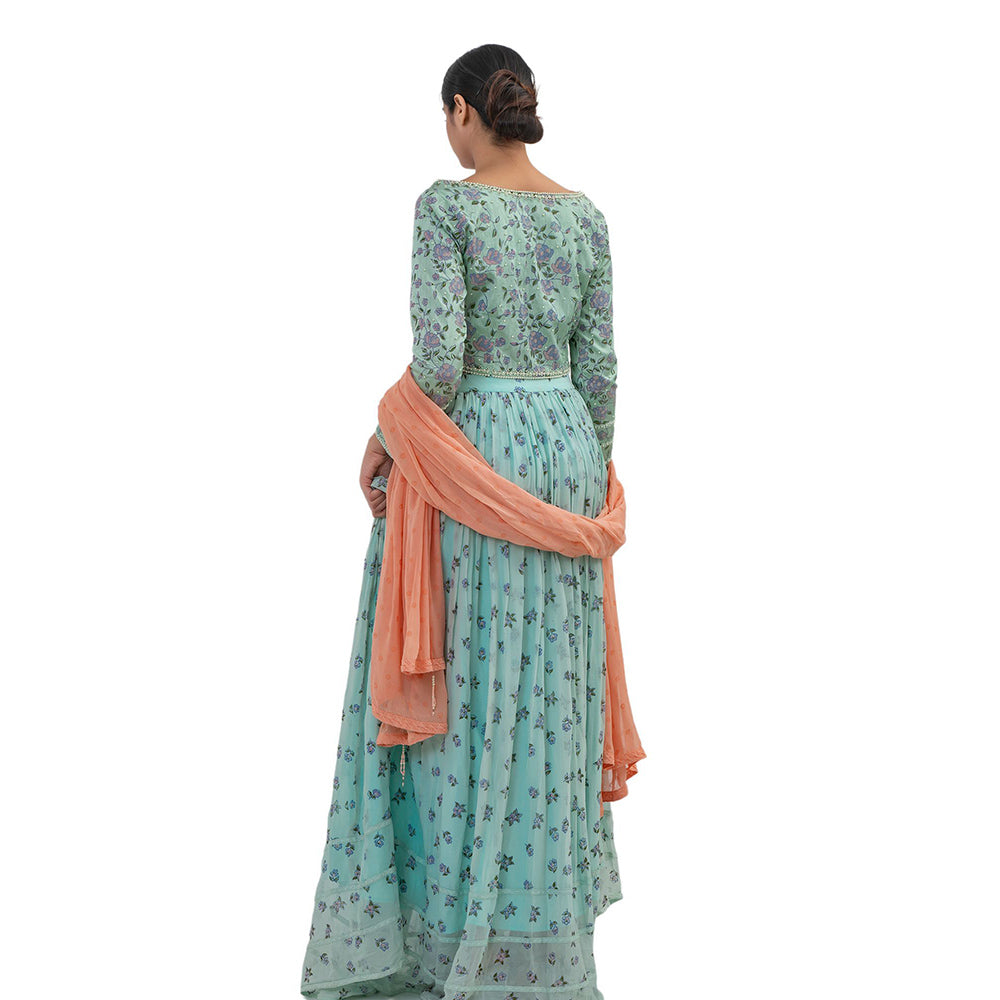 Journal By Pranay Sea Green Printed Gathered Lehenga With Choli & Dupatta (Set of 3)