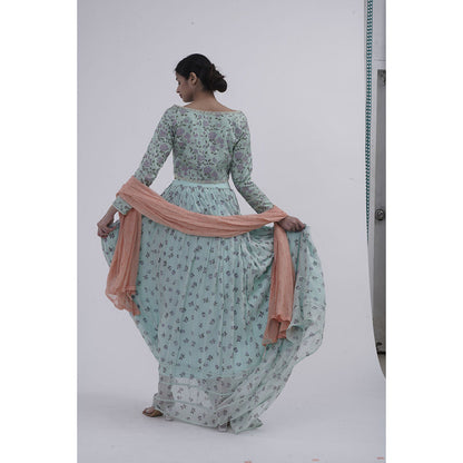 Journal By Pranay Sea Green Printed Gathered Lehenga With Choli & Dupatta (Set of 3)