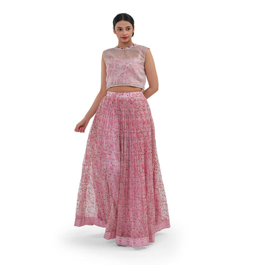 Journal By Pranay Pastel Pink Floral Lehenga With Bustier & Cape (Set of 3)