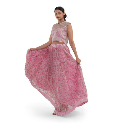 Journal By Pranay Pastel Pink Floral Lehenga With Bustier & Cape (Set of 3)