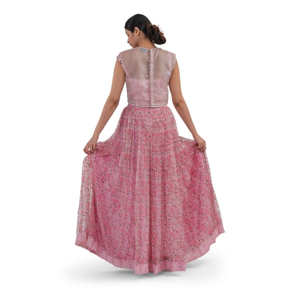 Journal By Pranay Pastel Pink Floral Lehenga With Bustier & Cape (Set of 3)