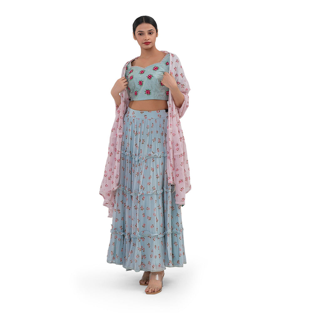 Journal By Pranay Pastel Blue Floral Silk Lehenga With Choli & Dupatta (Set of 3)