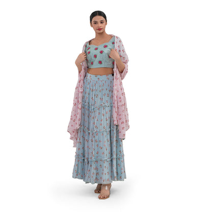 Journal By Pranay Pastel Blue Floral Silk Lehenga With Choli & Dupatta (Set of 3)