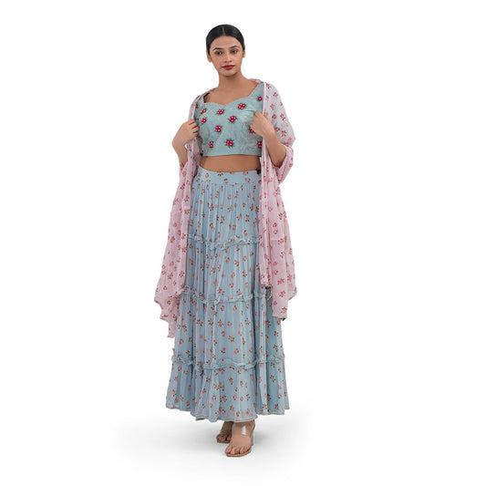 Journal By Pranay Pastel Blue Floral Silk Lehenga With Choli & Dupatta (Set of 3)