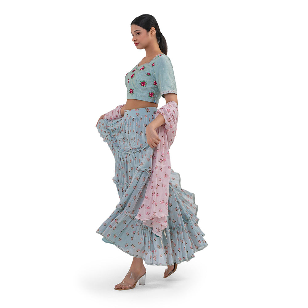 Journal By Pranay Pastel Blue Floral Silk Lehenga With Choli & Dupatta (Set of 3)