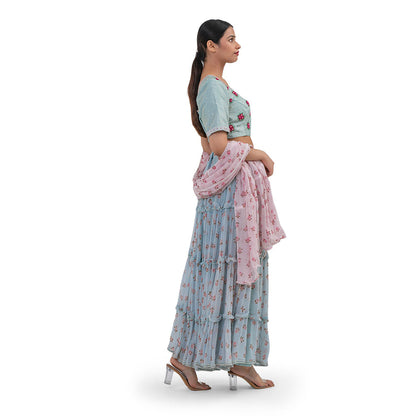 Journal By Pranay Pastel Blue Floral Silk Lehenga With Choli & Dupatta (Set of 3)