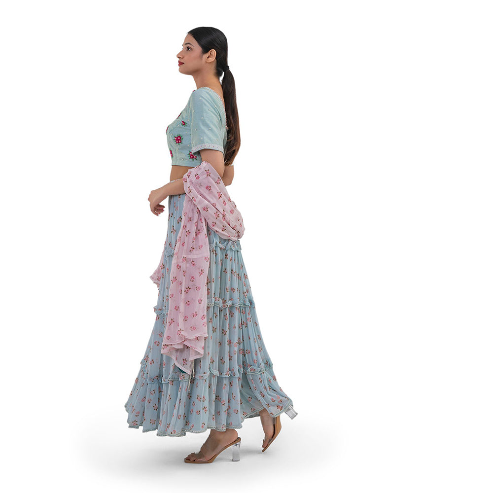Journal By Pranay Pastel Blue Floral Silk Lehenga With Choli & Dupatta (Set of 3)