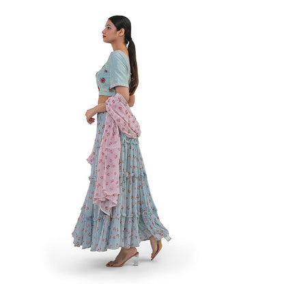 Journal By Pranay Pastel Blue Floral Silk Lehenga With Choli & Dupatta (Set of 3)