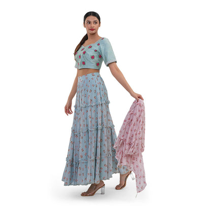 Journal By Pranay Pastel Blue Floral Silk Lehenga With Choli & Dupatta (Set of 3)
