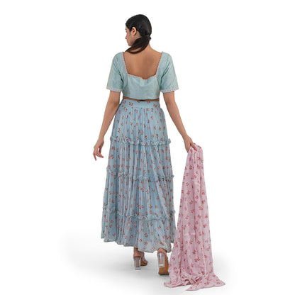 Journal By Pranay Pastel Blue Floral Silk Lehenga With Choli & Dupatta (Set of 3)