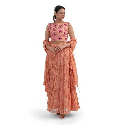 Journal By Pranay Peach Embroidered And Printed Tiered Lehenga With Choli & Dupatta (Set of 3)