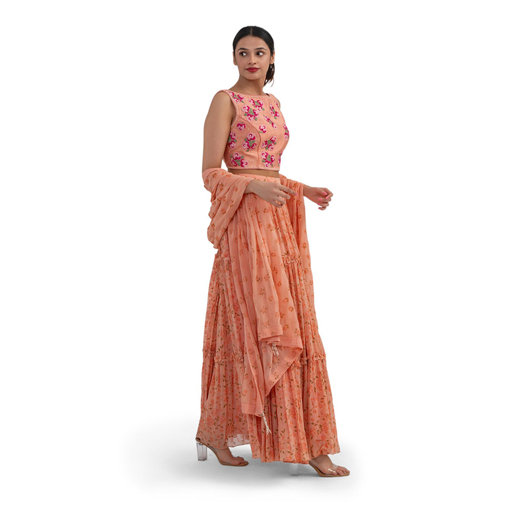 Journal By Pranay Peach Embroidered And Printed Tiered Lehenga With Choli & Dupatta (Set of 3)