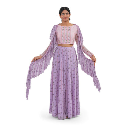 Journal By Pranay Lavender Floral Lace Panelled Lehenga With Choli & Dupatta (Set of 3)