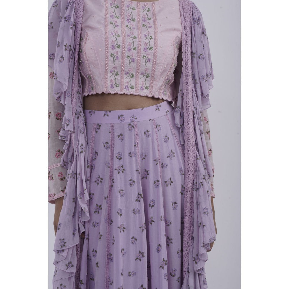 Journal By Pranay Lavender Floral Lace Panelled Lehenga With Choli & Dupatta (Set of 3)