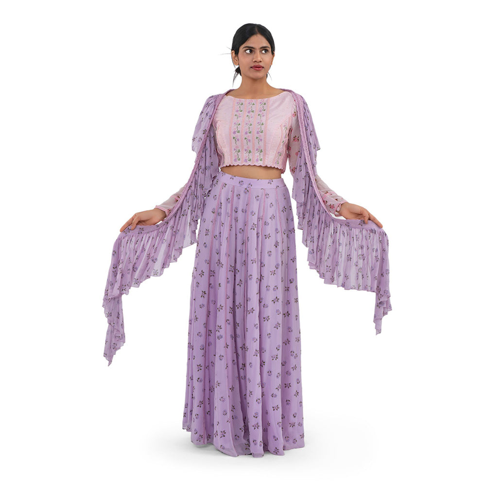 Journal By Pranay Lavender Floral Lace Panelled Lehenga With Choli & Dupatta (Set of 3)