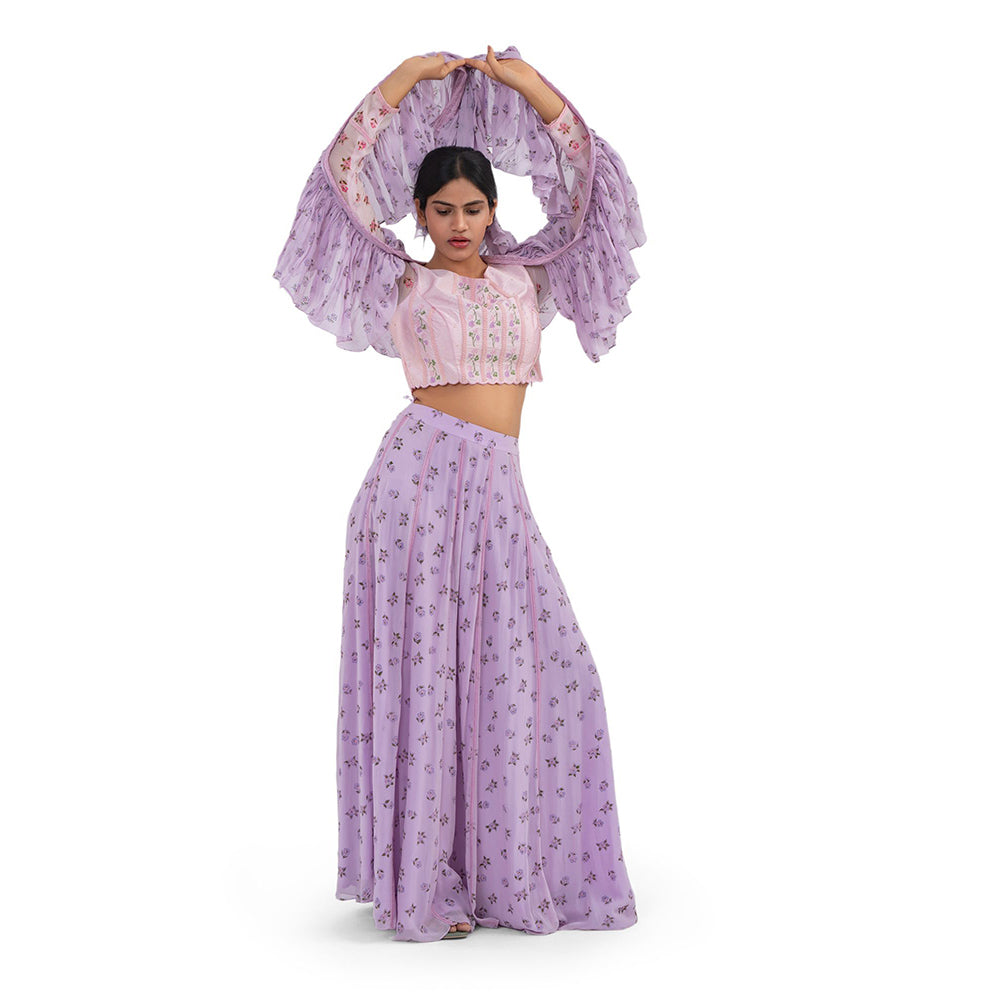 Journal By Pranay Lavender Floral Lace Panelled Lehenga With Choli & Dupatta (Set of 3)