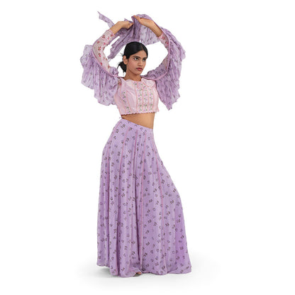 Journal By Pranay Lavender Floral Lace Panelled Lehenga With Choli & Dupatta (Set of 3)