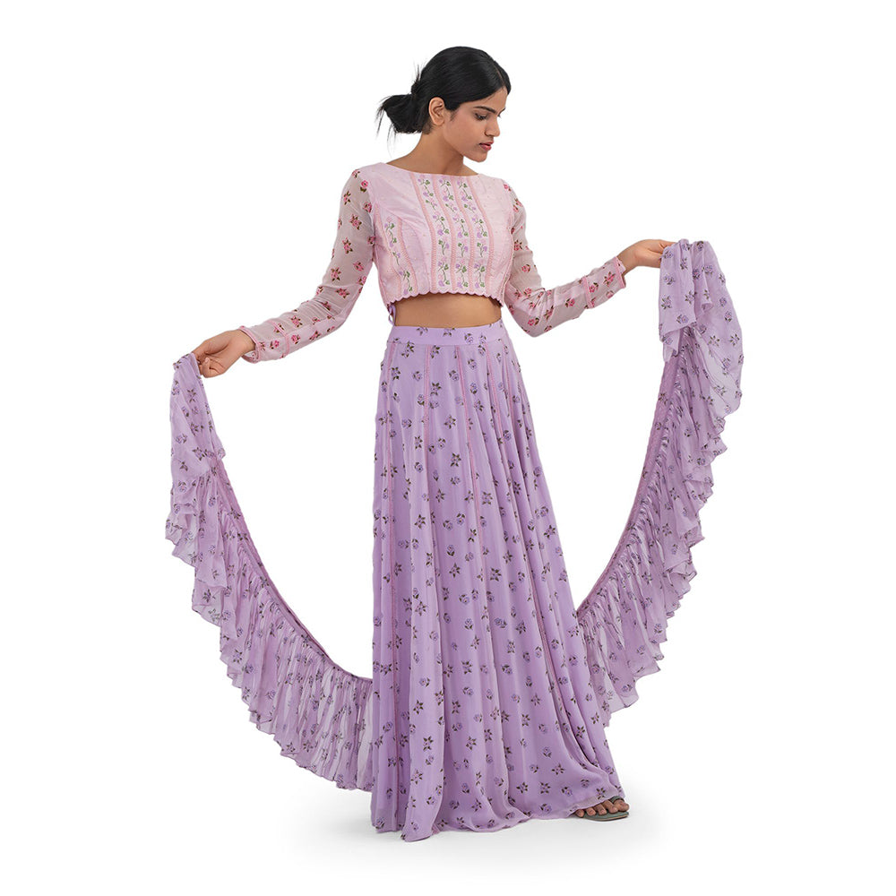 Journal By Pranay Lavender Floral Lace Panelled Lehenga With Choli & Dupatta (Set of 3)