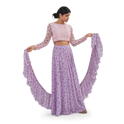 Journal By Pranay Lavender Floral Lace Panelled Lehenga With Choli & Dupatta (Set of 3)